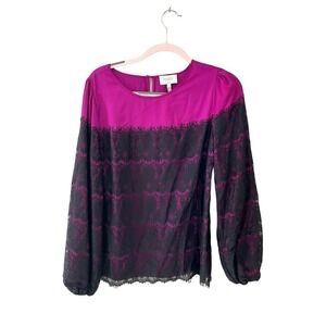 Laundry by Shelli Segal Blouse Top Women SZ 8 Purple Lace Round Neck Long Sleeve
